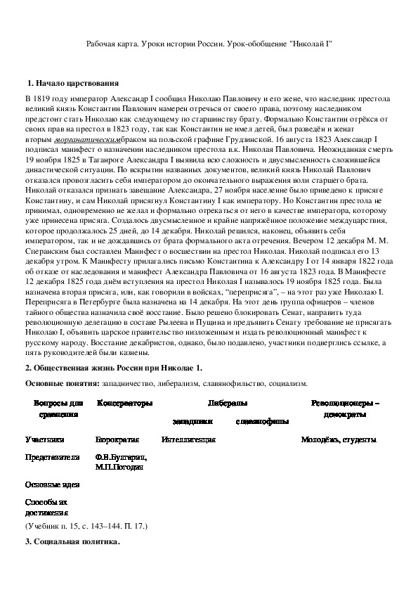 Обложка для материала Рабочая карта. Уроки истории России. Урок-обобщение "Николай I"