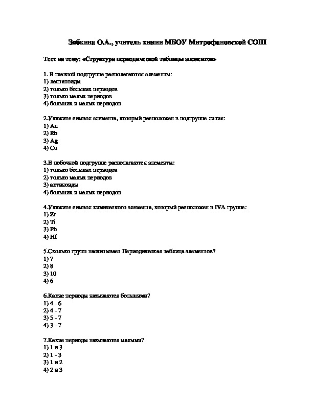 Обложка для материала Тест на тему: «Структура периодической таблицы элементов»