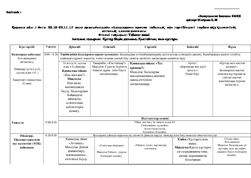 Қараша айы .I-Апта  30.10-03.11.17  жыл аралығындағы «Балдәурен» ересек  тобының  күн тәртібіндегі  тәрбие оқу қызметінің апталық  циклограммасы Өтпелі тақырып: Табиғат әлемі