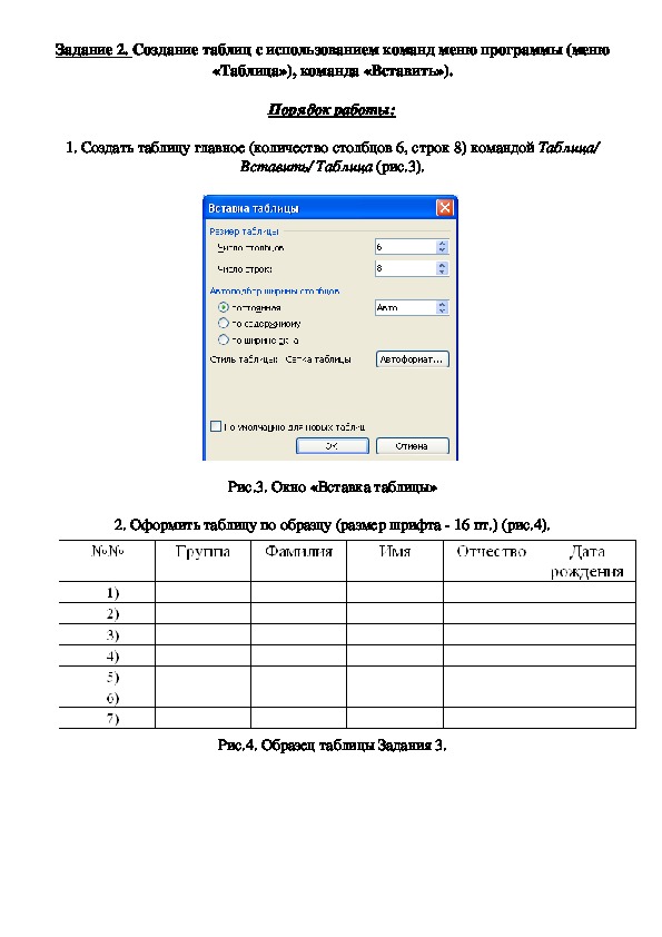 Создание и форматирование таблиц в ms word практическая работа