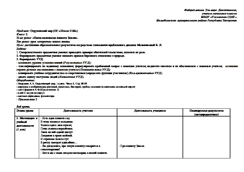 Технологическая карта к уроку окружающего мира во 2 классе на тему: "Наша маленькая планета Земля."
