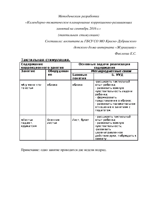 Методическая разработка «Календарно-тематическое планирование коррекционно-развивающих занятий на сентябрь 2016 г.» (тактильная стимуляция)