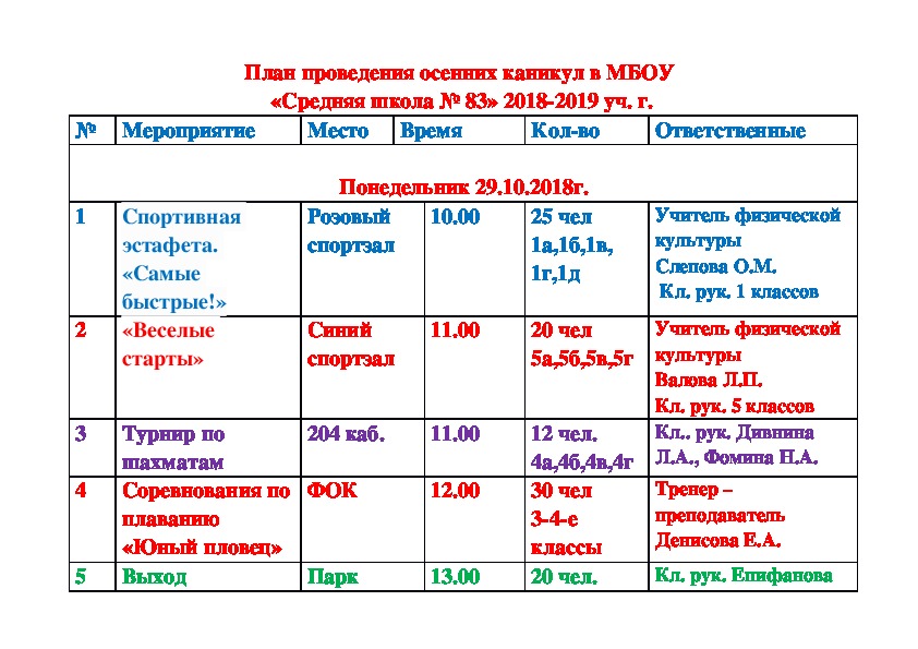 Документация по осенним каникулам в школе.