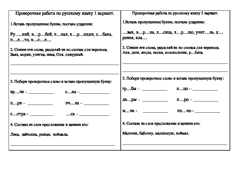 Проверочная работа по русскому языку.