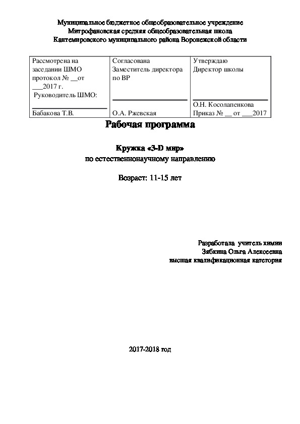 Обложка для материала Рабочая программа кружка "3 D-мир"
