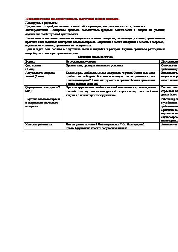 Урок по технологии 6 класс. «Технологическая последовательность подготовки ткани к раскрою».