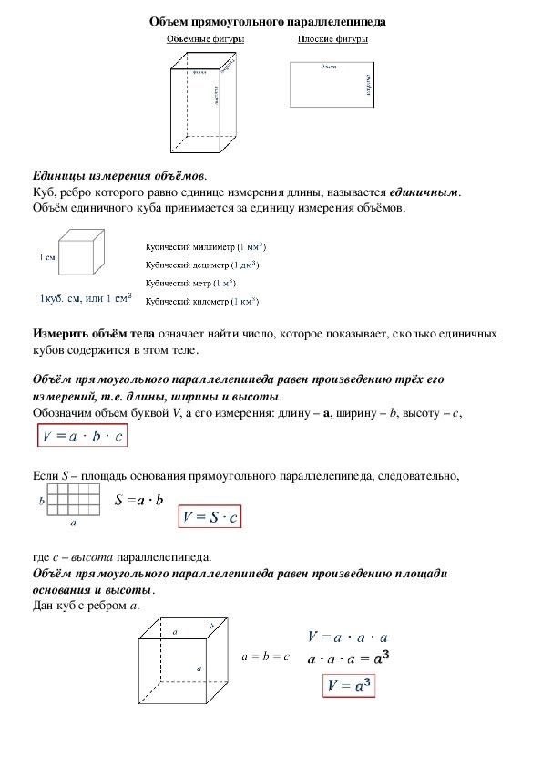 Опорный конспект по математике по теме «Объем прямоугольного параллелепипеда» (5 класс)