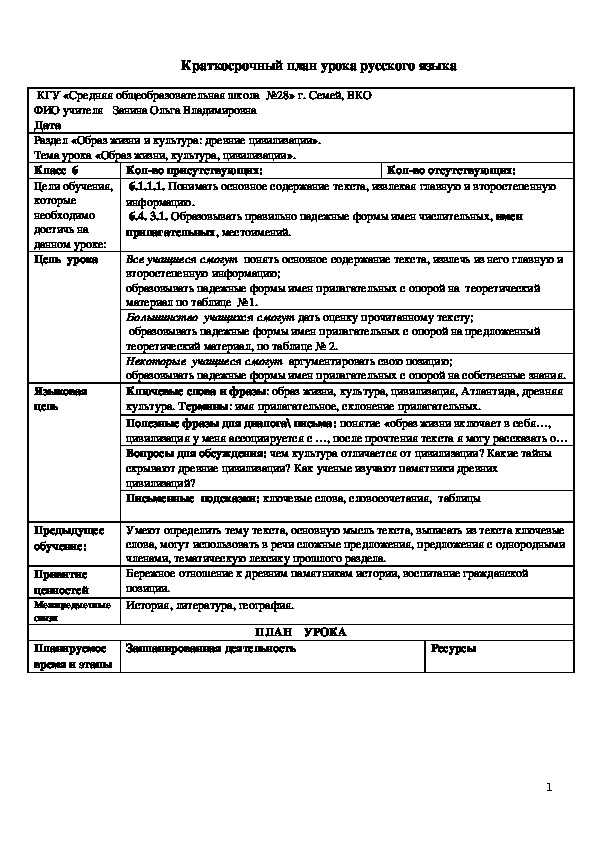 Конспект урока 6 класс по русскому языку в школах Казахстана по обновленному образованию