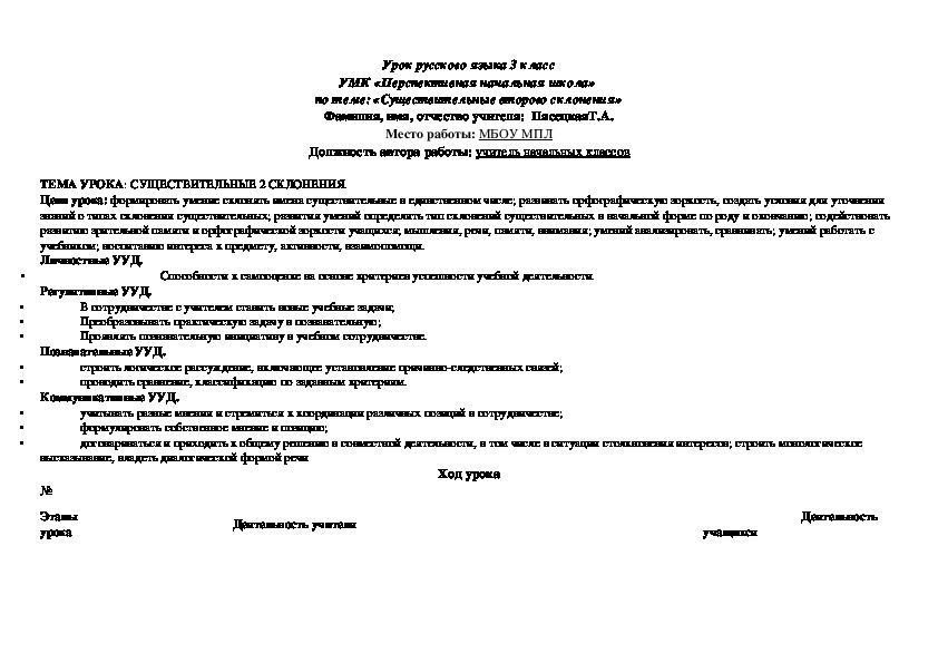 Урок русского языка 3 класс ПНШ по теме: «Существительные второго склонения»