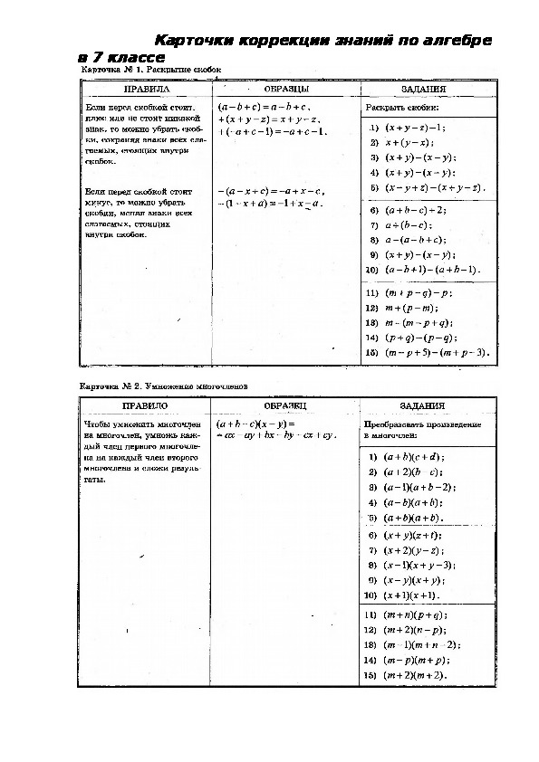 Карточки коррекции знаний по алгебре в 7 классе