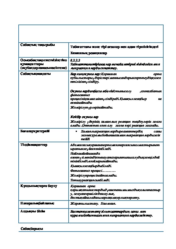 Урок на тему "Табиғаттағы және тірі ағзалар мен адам тіршілігіндегі Химиялық реакциялар." ( Химия)