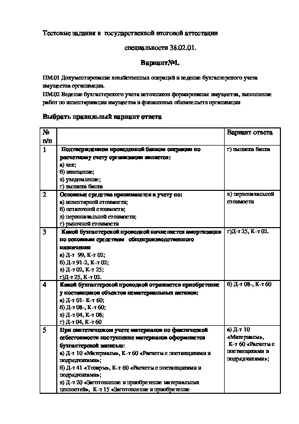 Вариант тестового задания к ГИА специальности 38.02.01