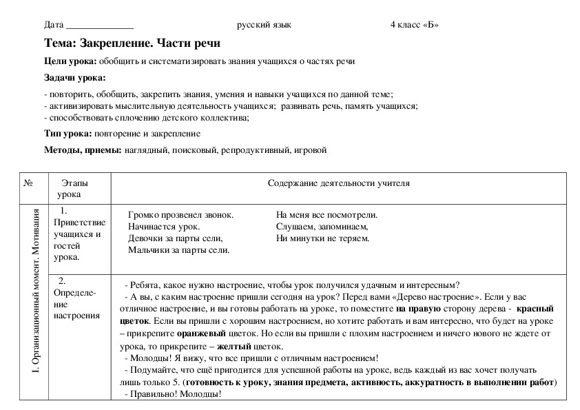 Разработка урока по русскому языку "Закрепление. Части речи"