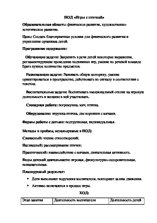 Обложка для материала НОД для детей раннего возраста "Игры с птичкой"