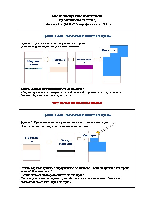 Обложка для материала "Мое индивидуальное исследование" (дидактическая карточка по исследованию свойств кислорода, 8 класс, химия)