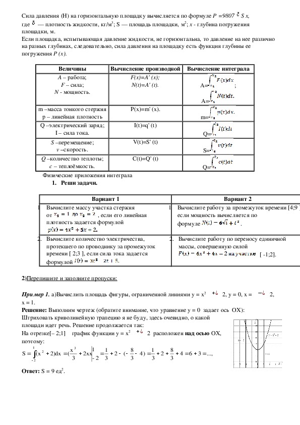 Применение интеграла к вычислению физических величин и площадей презентация