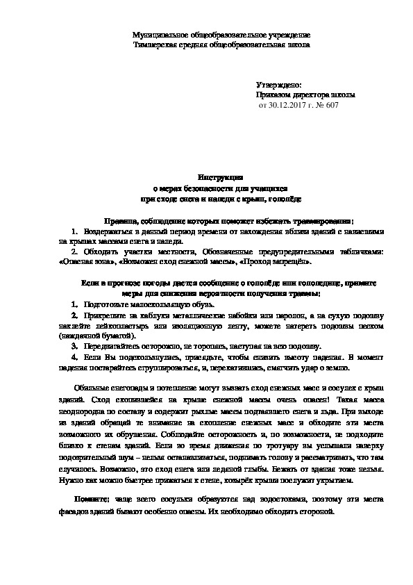 Обложка для материала Инструкция  о мерах безопасности для учащихся  при сходе снега и наледи с крыш, гололёде