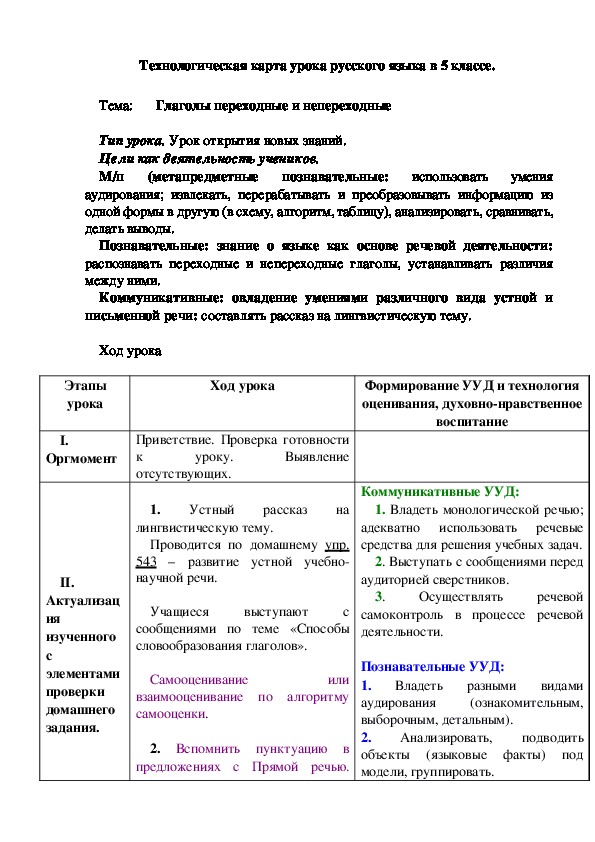 Технологическая карта урока русского языка в 5 классе на тему "Переходные и непереходные глаголы"