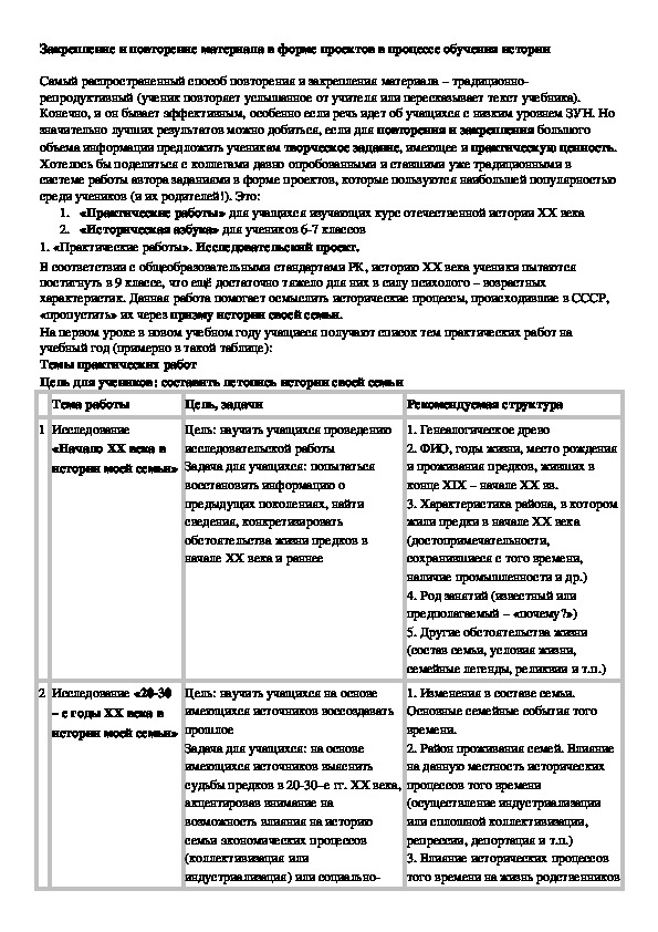 Обложка для материала Закрепление и повторение материала в форме проектов в процессе обучения истории