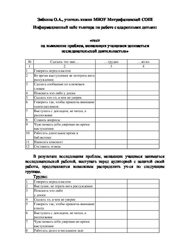 Обложка для материала Информационный кейс тьютора по работе с одаренными детьми:  «тест на выявление проблем, мешающих учащимся заниматься исследовательской деятельностью»