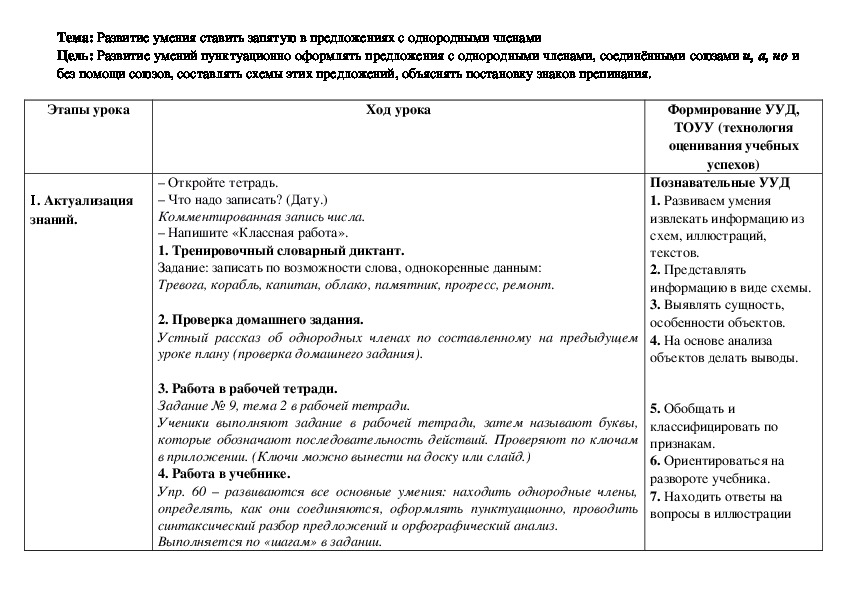 Конспект урока по русскому языку на тему "Развитие умения ставить запятую в предложениях с однородными членами"