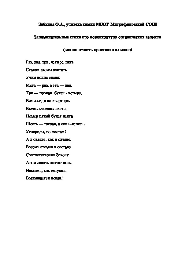 Обложка для материала Запоминательные стихи про номенклатуру органических веществ (как запомнить приставки алканов)