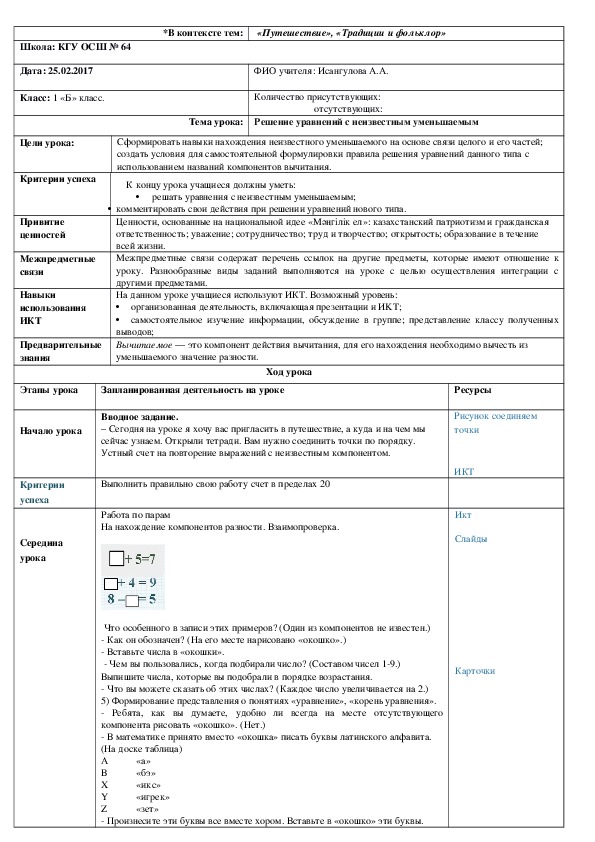 Открытый урок по теме "Решение уравнений с неизвестным уменьшаемым"