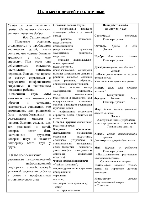 Основные блоки плана работы с приемной семьей