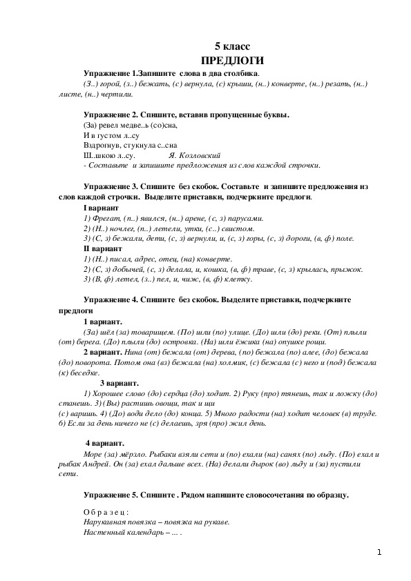 Дидактический материал по русскому языку  для учащихся 5 класса национальной школы по теме «Предлоги»