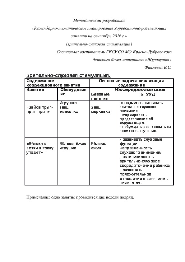 Методическая разработка «Календарно-тематическое планирование коррекционно-развивающих занятий на сентябрь 2016 г.» (зрительно-слуховая стимуляция)