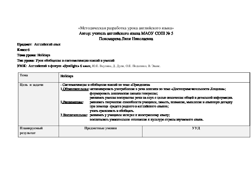 Методическая разработка урока английского