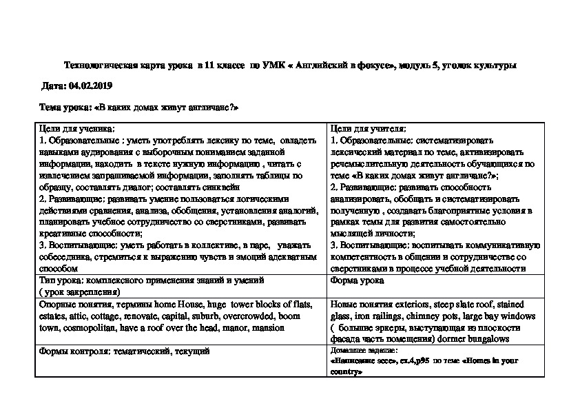 Технологическая карта урока  в 11 классе  по УМК « Английский в фокусе», модуль 5, уголок культуры