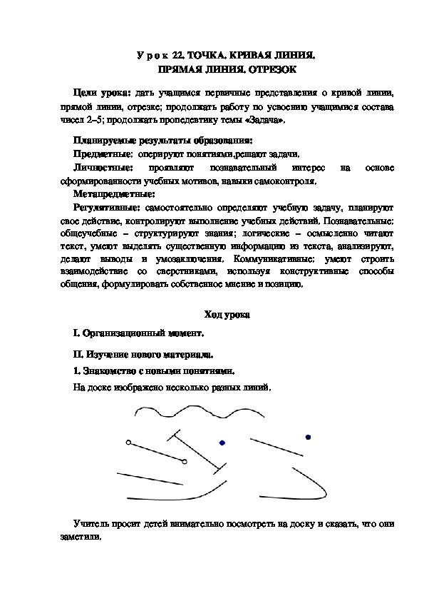 Обложка для материала Конспект урока по теме:ТОЧКА. КРИВАЯ ЛИНИЯ.  ПРЯМАЯ ЛИНИЯ. ОТРЕЗОК(1 класс)
