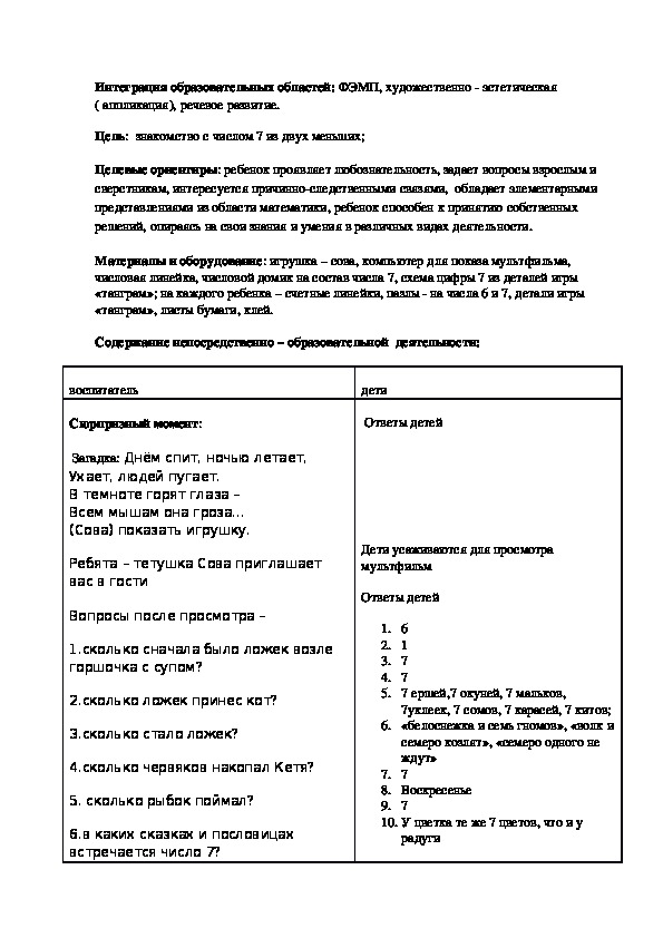 НОД по образовательной области "Познание" "В гостях у тетушки Совы"