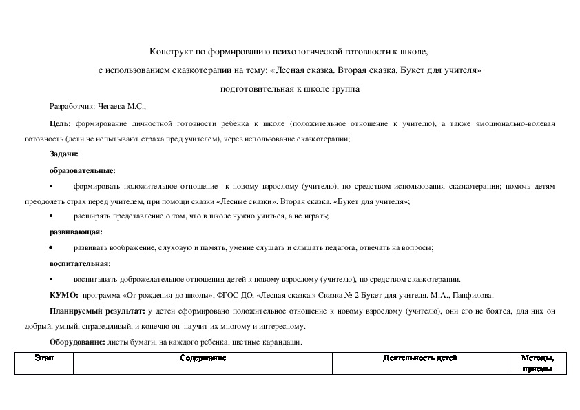 Конструкт по формированию психологической готовности к школе,  с использованием сказкотерапии, для подготовительной к школе группе