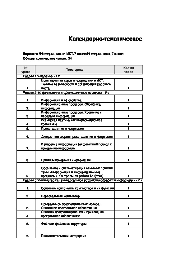 Рабочая программа в таблице эксель