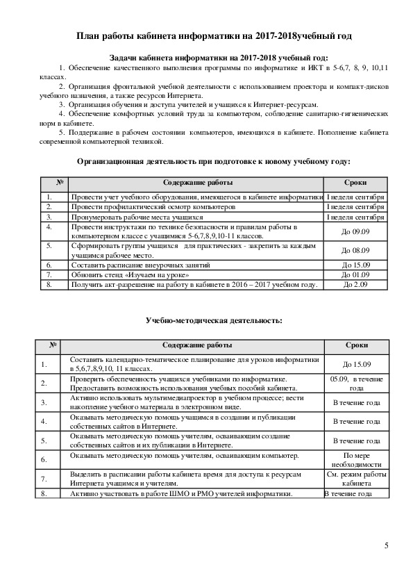 План развития кабинета начальных классов