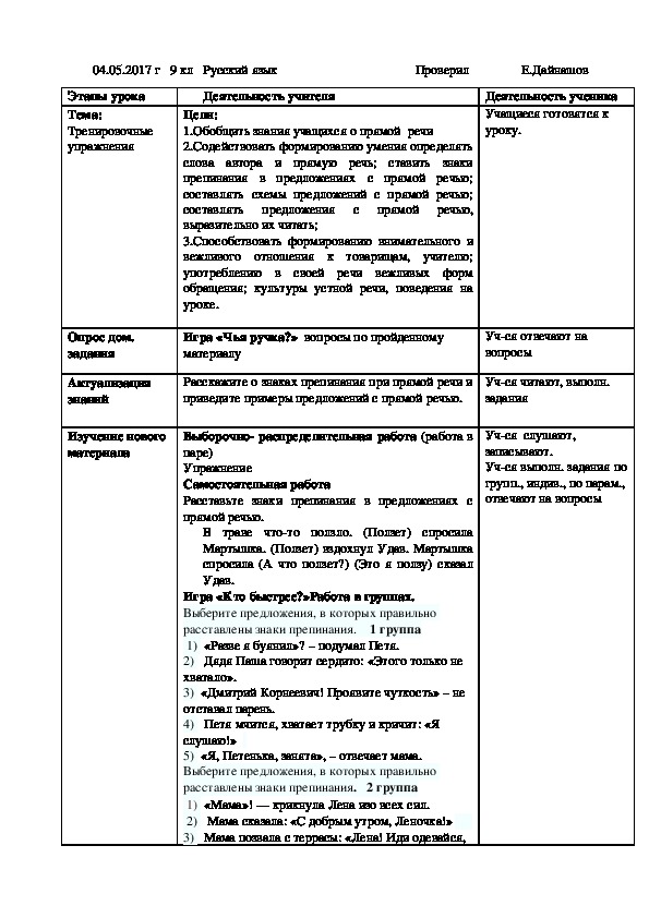 Разработка урока по русскому языку на тему:"Тренировочные упражнения по теме прямая речь"