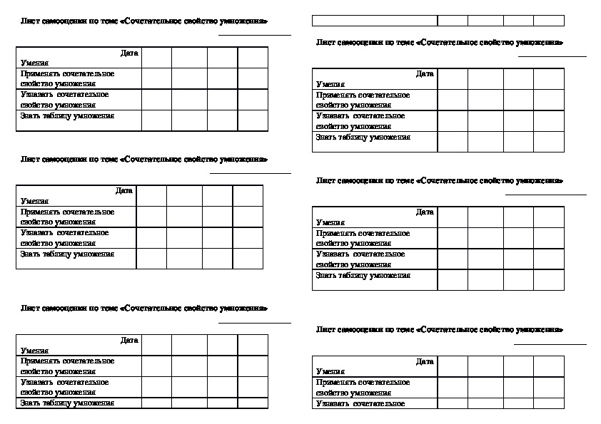 Лист самооценки по теме «Сочетательное свойство умножения»