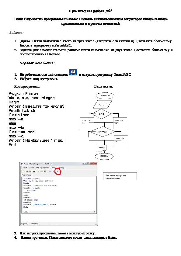 Практическая работа №23 Тема: Разработка программы на языке Паскаль с использованием операторов ввода, вы¬вода, присваивания и простых ветвлений