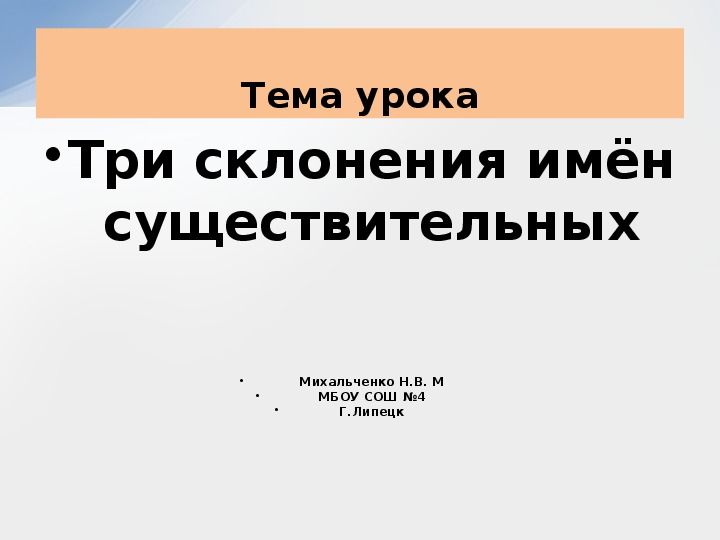 Презентация по русскому языку на тему: Три типа склонения имен существительных" (4 класс)