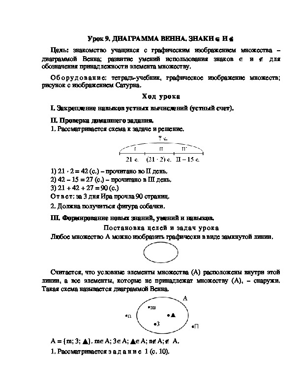 Конспект урока по математике 3 класс,УМК Школа 2100, "ДИАГРАММА ВЕННА. ЗНАКИ  И   "