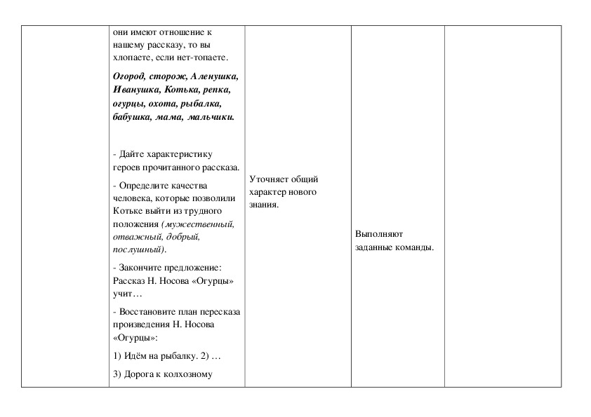 План рассказа н носова огурцы