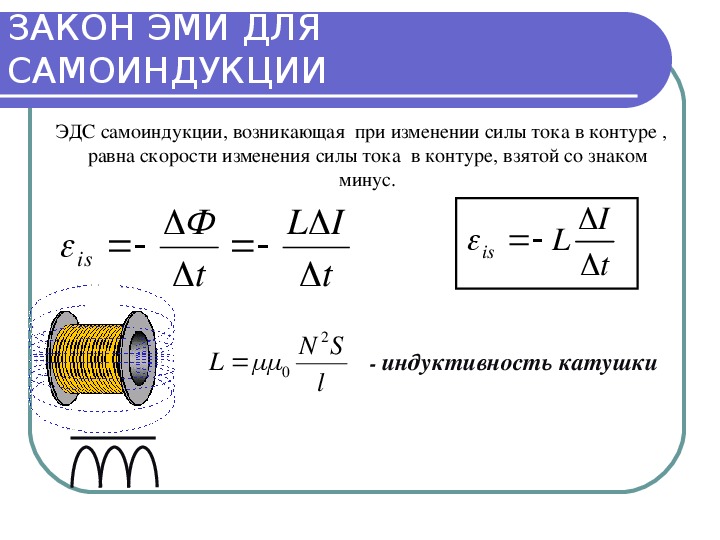 Индукция в физике. Формула ЭДС самоиндукции через силу тока. Формула для расчета ЭДС самоиндукции. Закон Эми для самоиндукции. Формула ЭДС самоиндукции катушки.