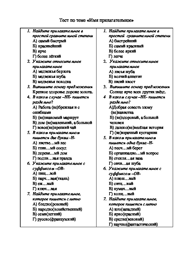 Тесты русский язык 6 класс прилагательное