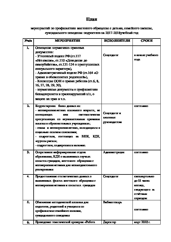 План по профилактике жестокого обращения с детьми в школе