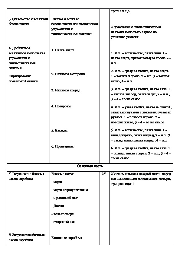 Составьте конспект занятия по базовой аэробике по схеме приведенной ниже