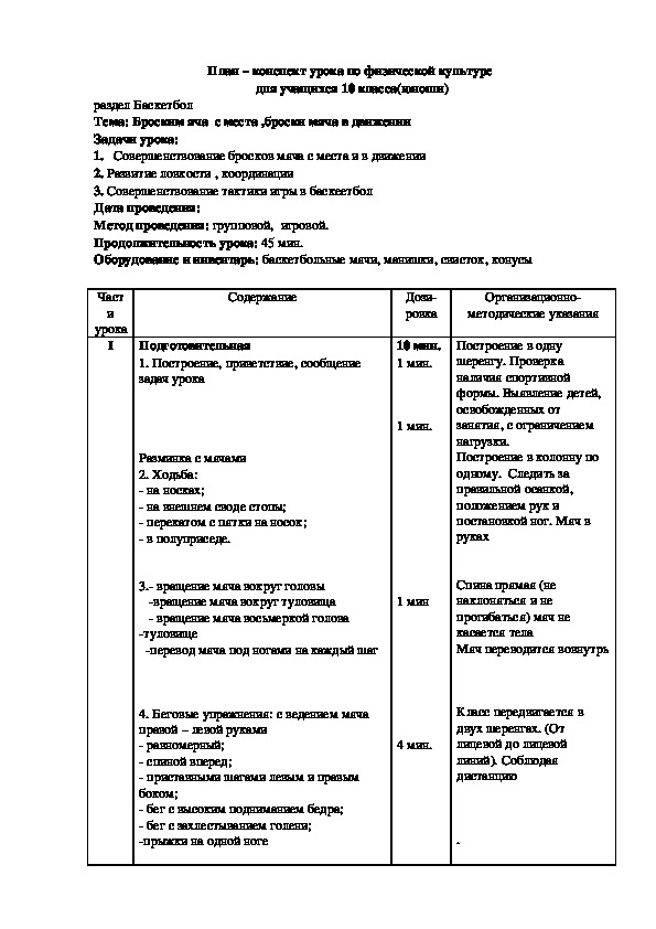 План конспект по волейболу 10 класс