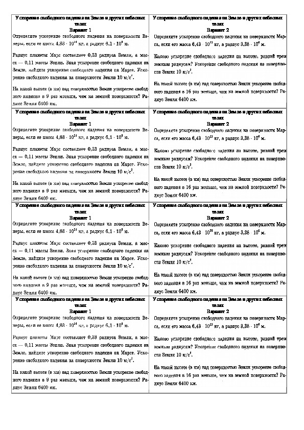 Обложка для материала Самостоятельная работа "Ускорение свободного падения" 9 класс