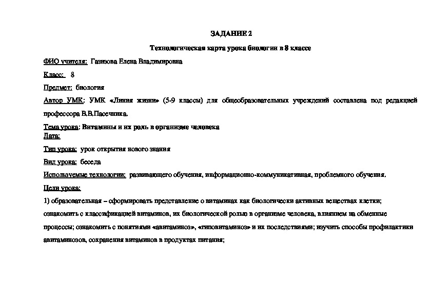 Технологическая карта урока биологии 8 класс по фгос витамины